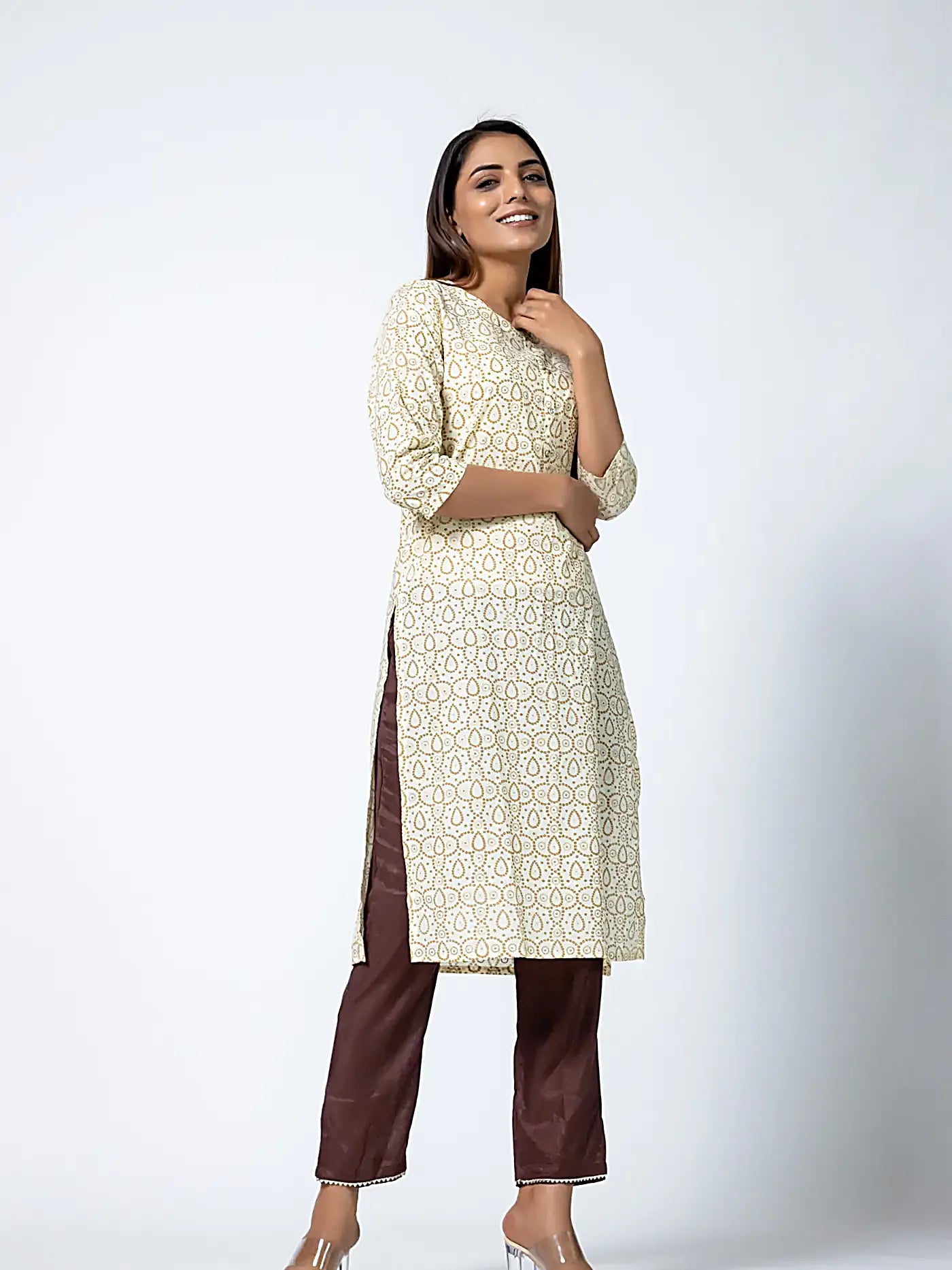 Beige Straight Batik Cotton Kurti