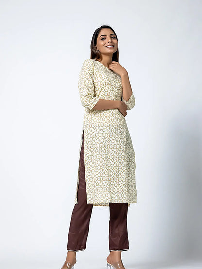 Beige Straight Batik Cotton Kurti