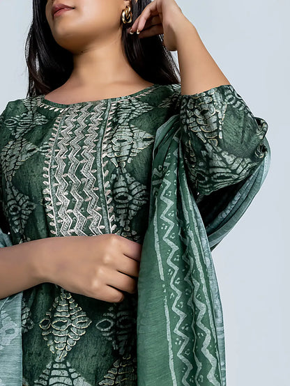 Green Batik Embroidered Straight Muslin Suit