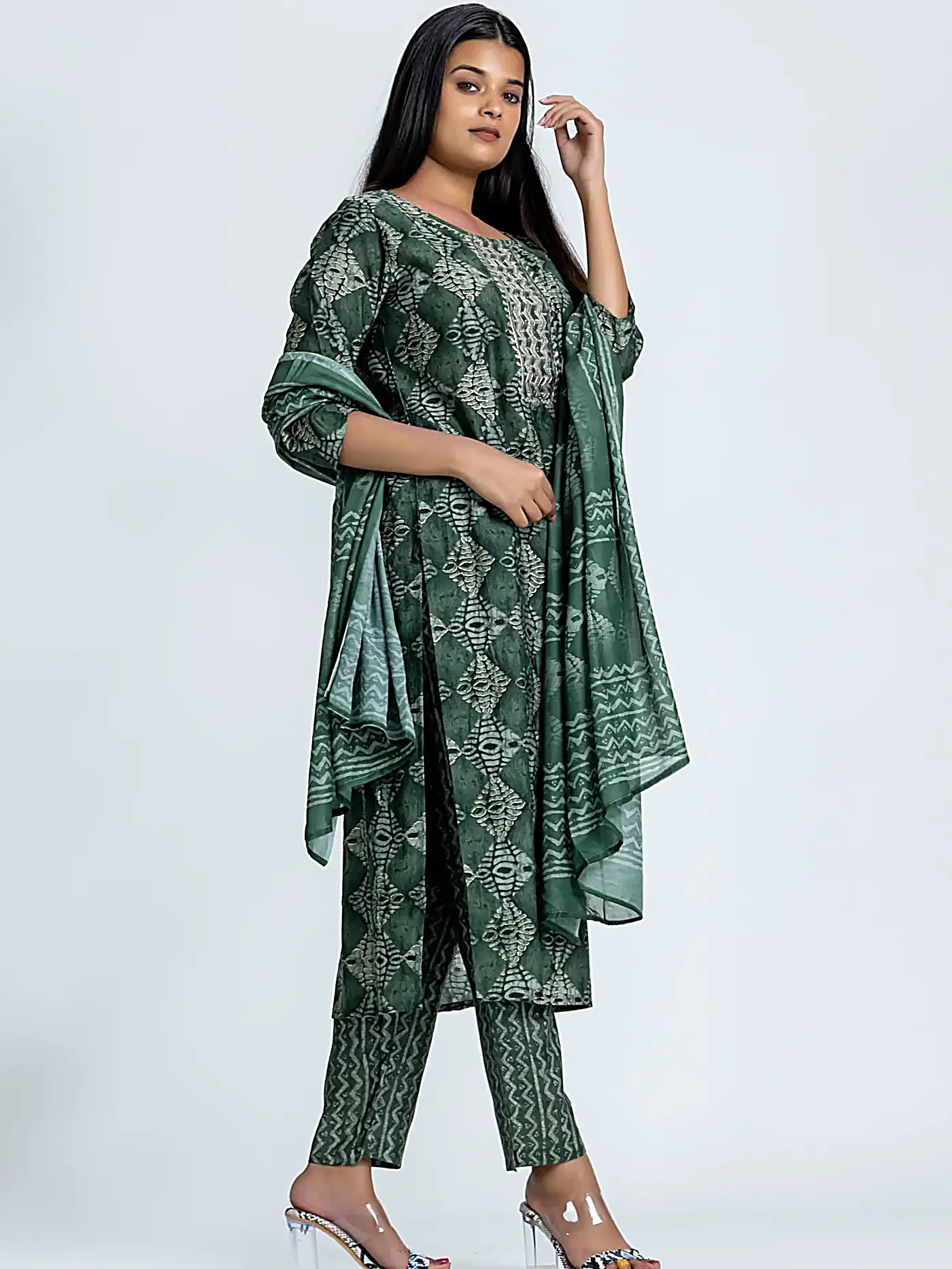 Green Batik Embroidered Straight Muslin Suit