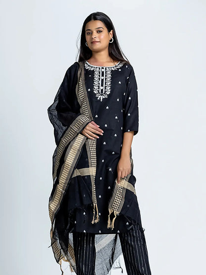 Black Embroidered Straight Cotton Suit