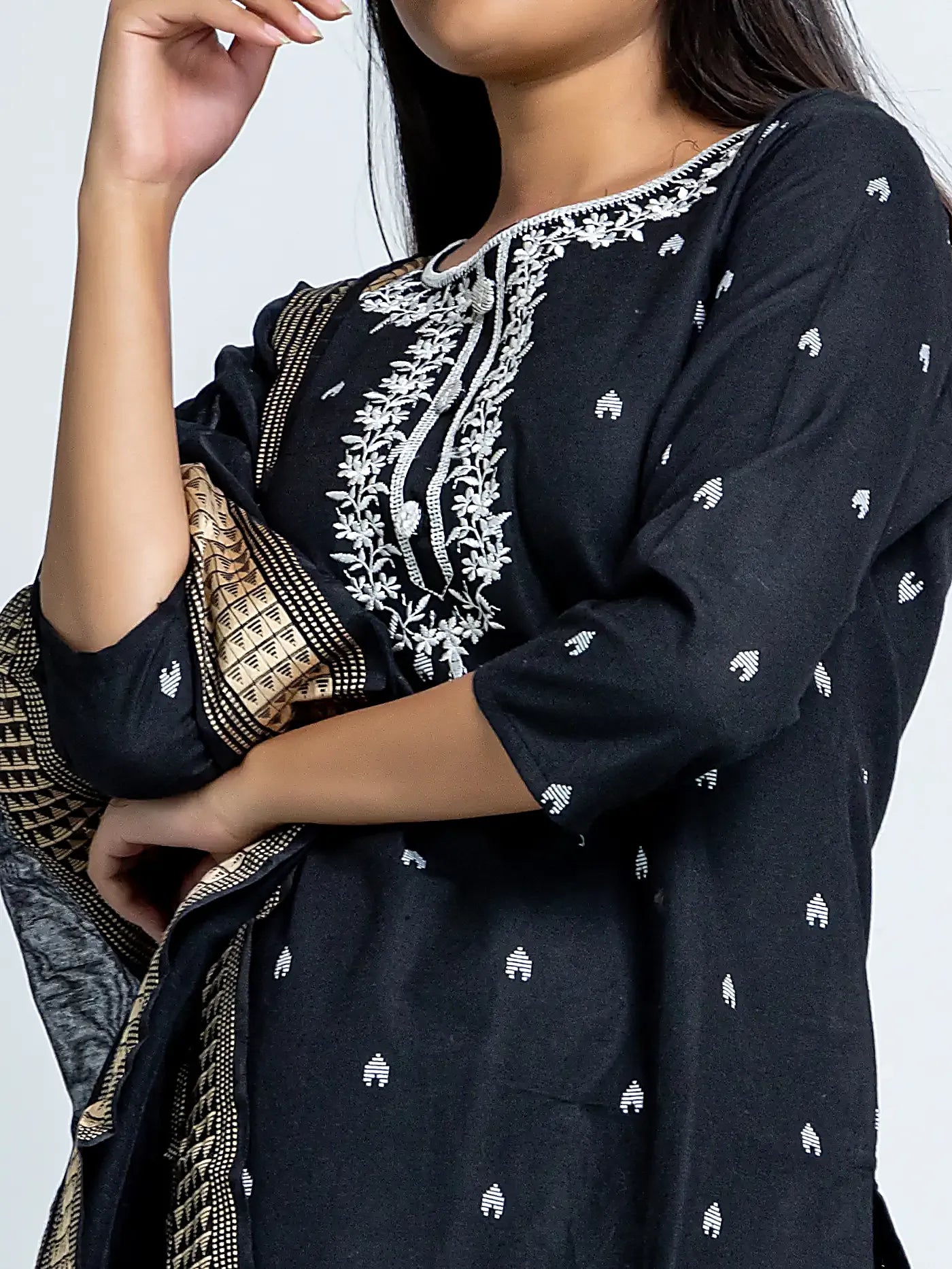 Black Embroidered Straight Cotton Suit