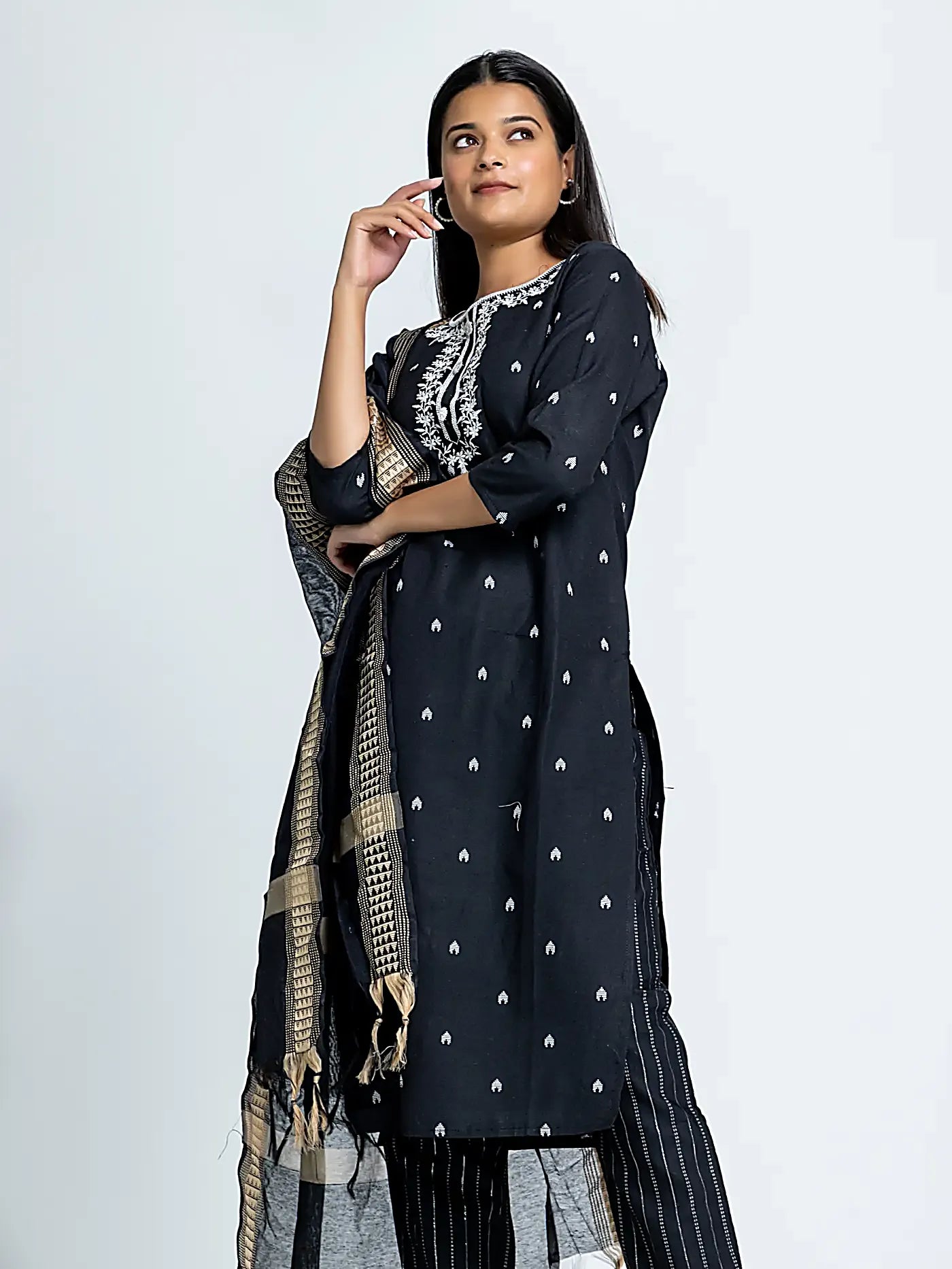 Black Embroidered Straight Cotton Suit