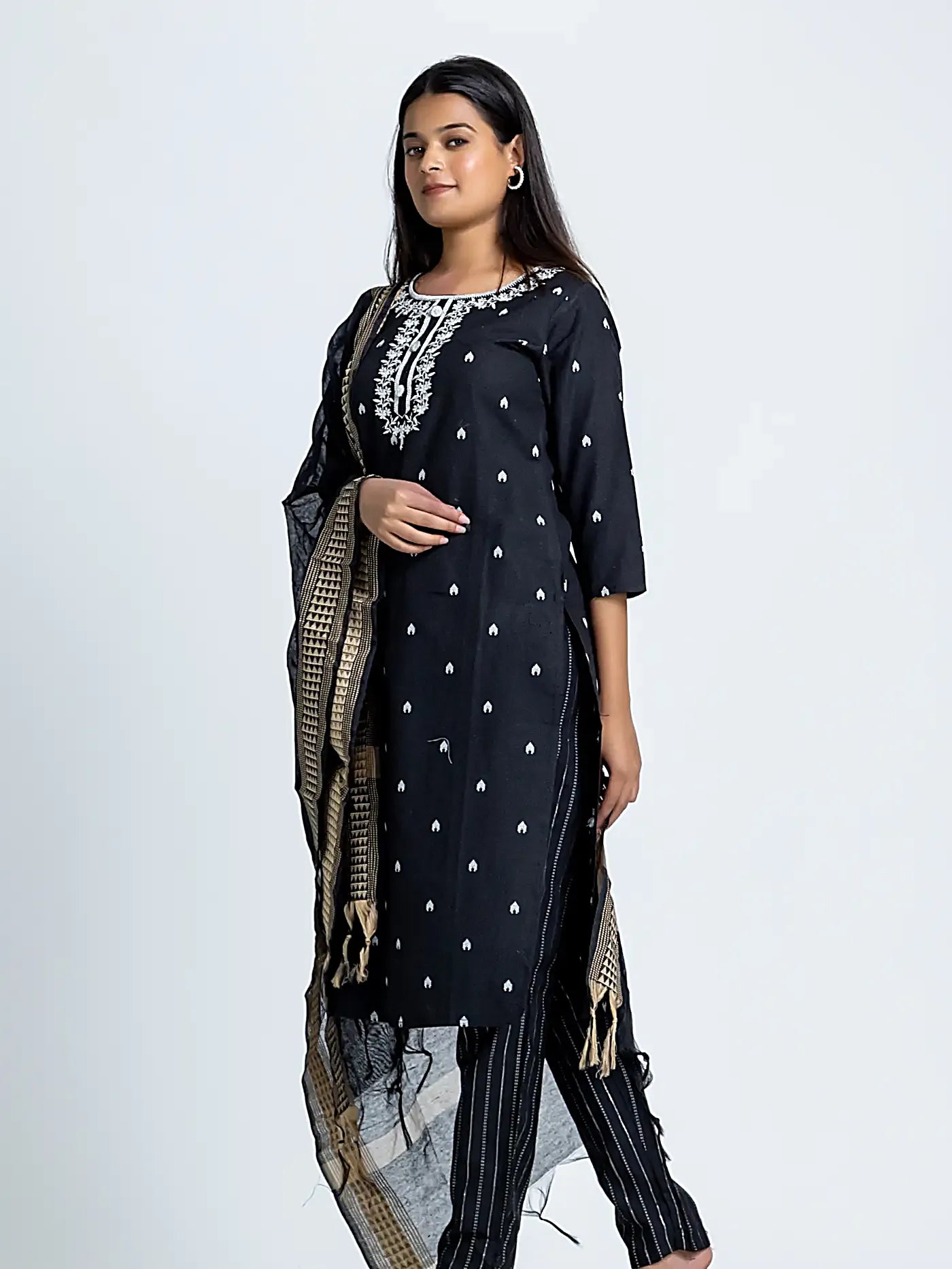 Black Embroidered Straight Cotton Suit