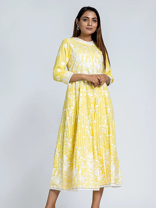 Yellow Embroidered A-Line Cotton Dress