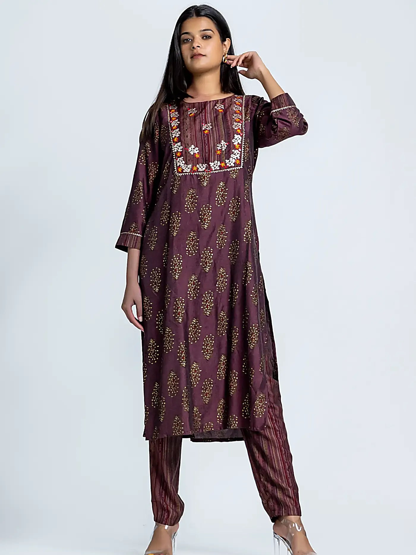 Wine Block Print Pittan Straight Muslin Suit