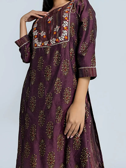 Wine Block Print Pittan Straight Muslin Suit