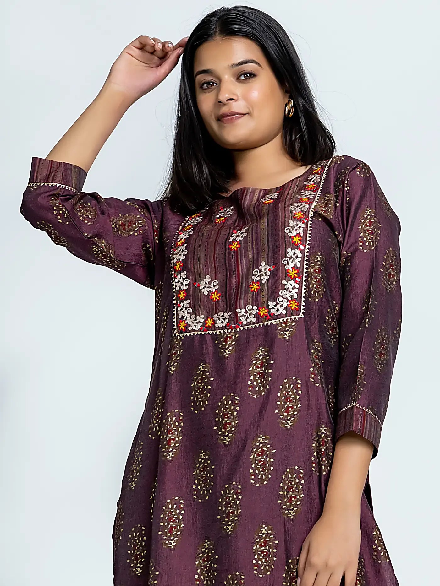 Wine Block Print Pittan Straight Muslin Suit