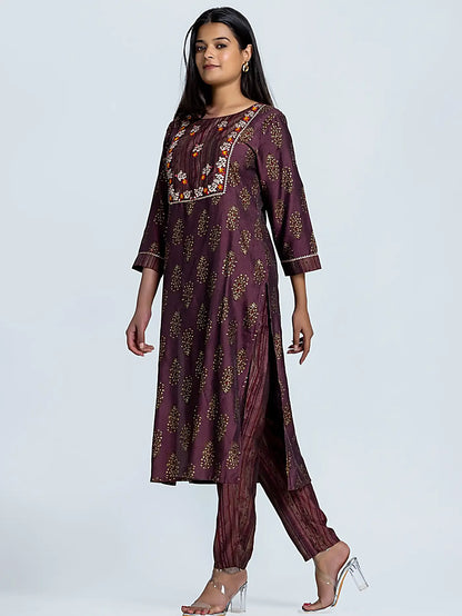 Wine Block Print Pittan Straight Muslin Suit