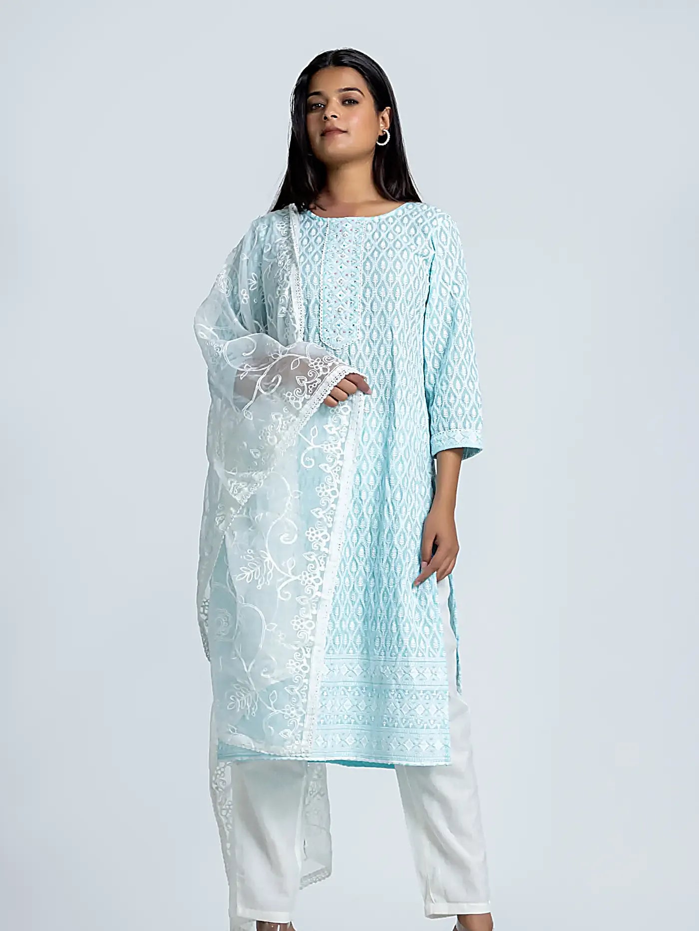 Blue Embroidered Straight Cotton Suit