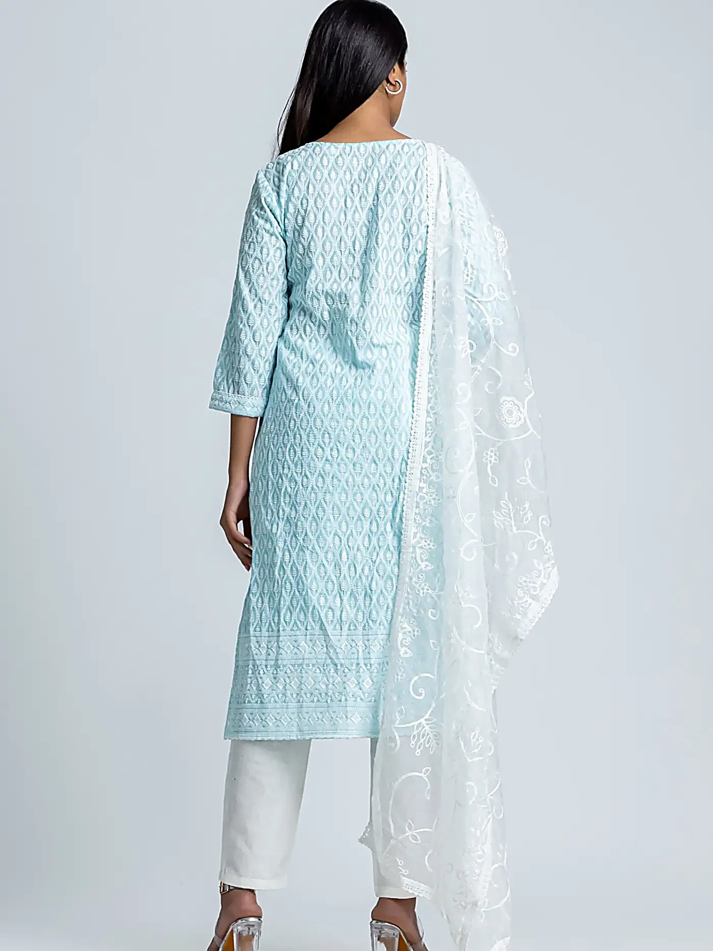 Blue Embroidered Straight Cotton Suit