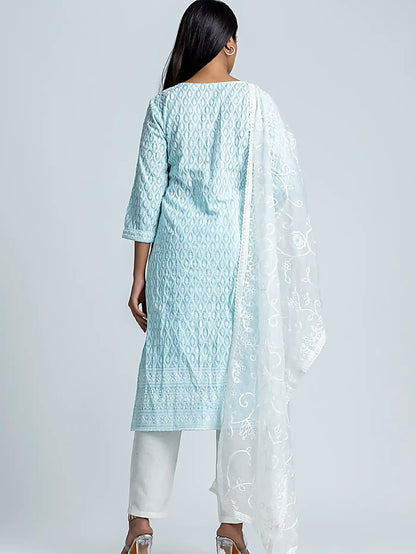 Blue Embroidered Straight Cotton Suit