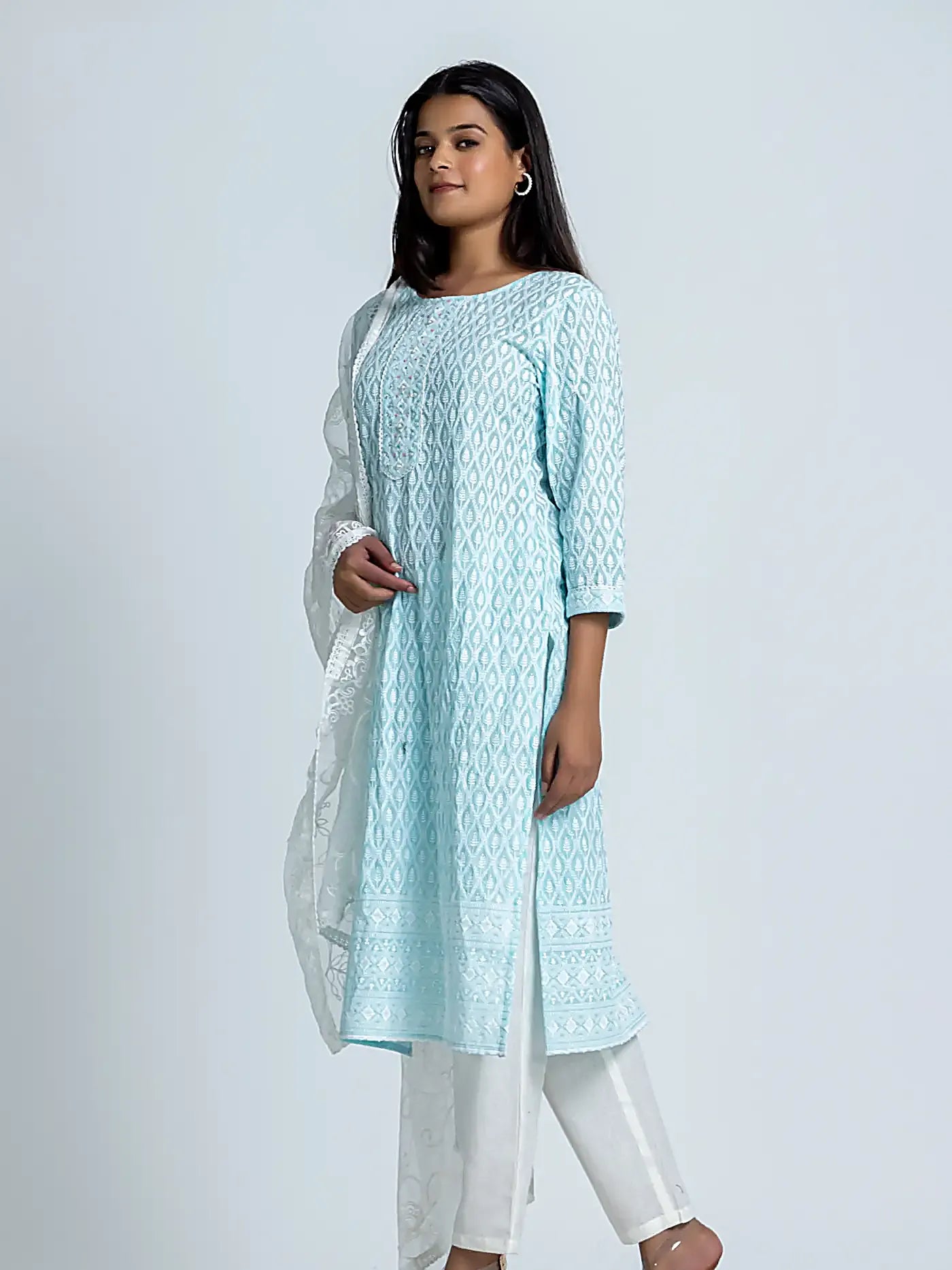 Blue Embroidered Straight Cotton Suit