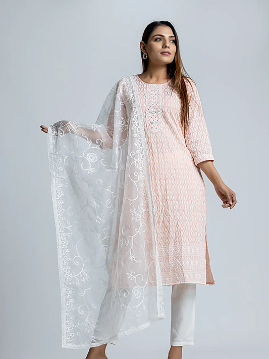 Peach Embroidered Straight Cotton Suit