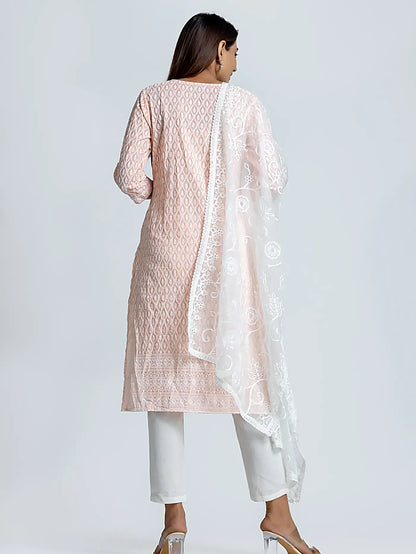 Peach Embroidered Straight Cotton Suit