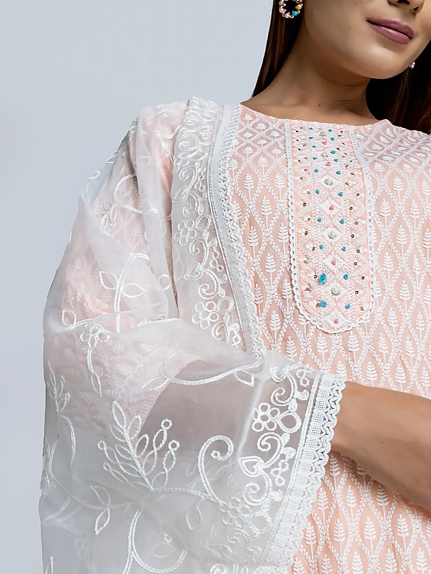 Peach Embroidered Straight Cotton Suit