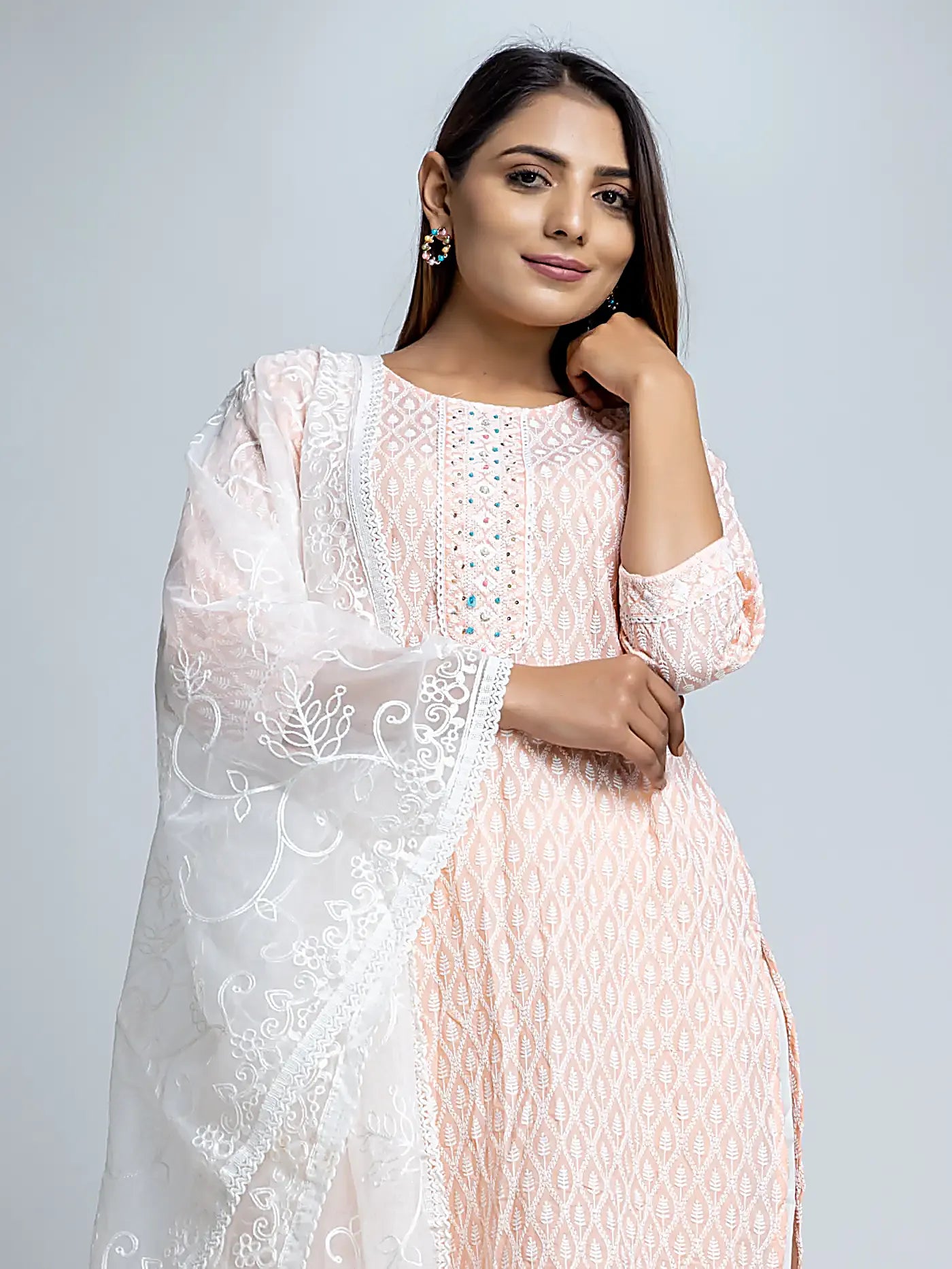 Peach Embroidered Straight Cotton Suit