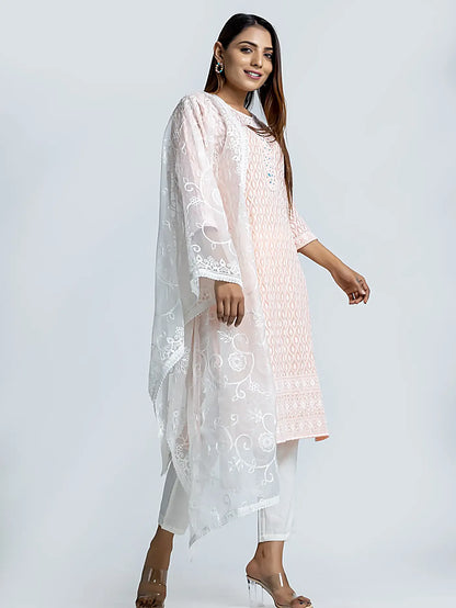 Peach Embroidered Straight Cotton Suit